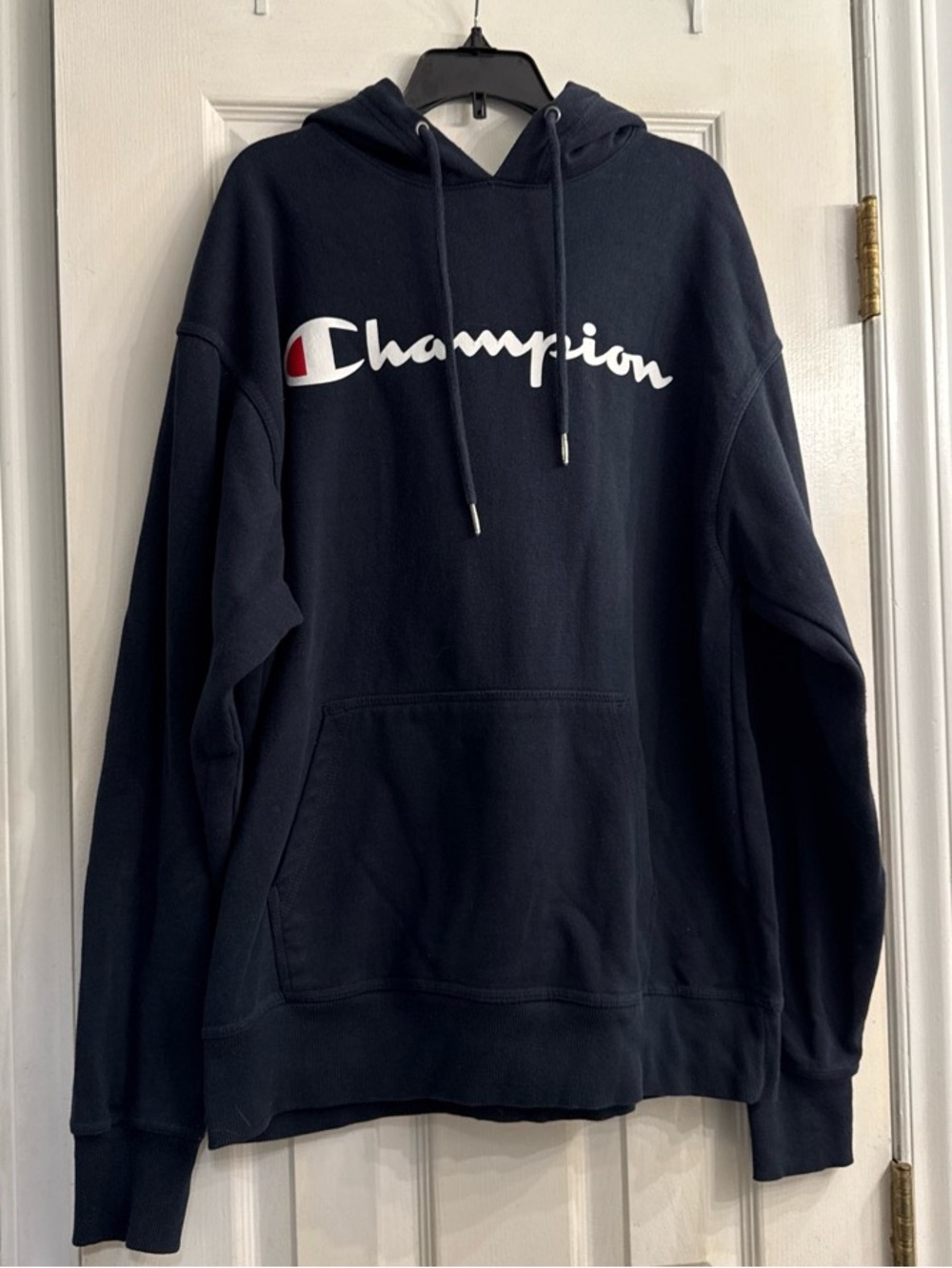 Mens Champion Navy Pullover Hoodie with White Logo and Red Accent size M